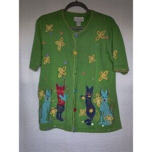 Vtg Ashlyn Kate Womens Green V Neck Short Sleeve Cardigan Sweater Sz‎ S